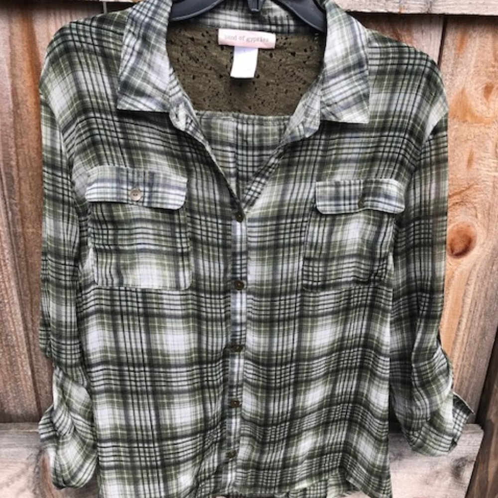 BAND OF GYPIES, BLOUSE, PLAID, GREEN, KHAKI, CREAM